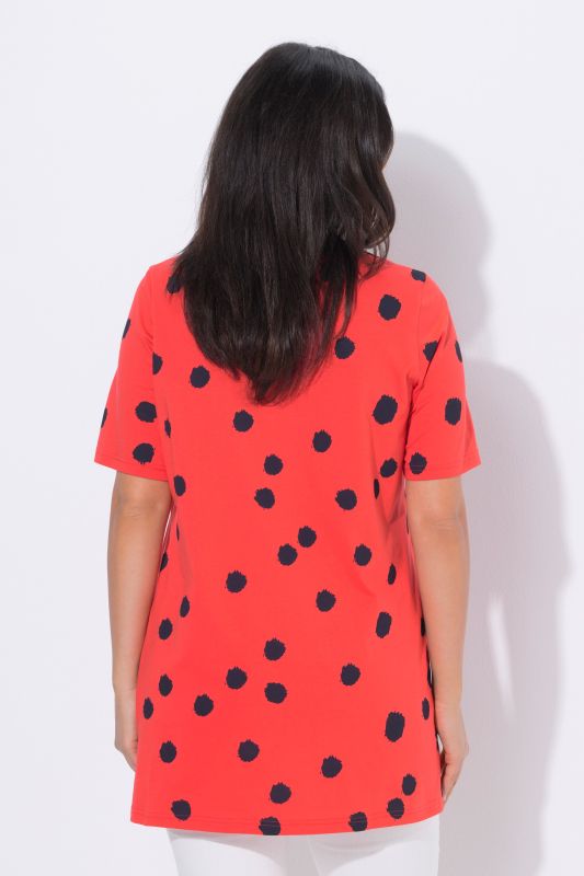 T-shirt long motif à pois, décolleté carré et manches 3/4, coupe évasée