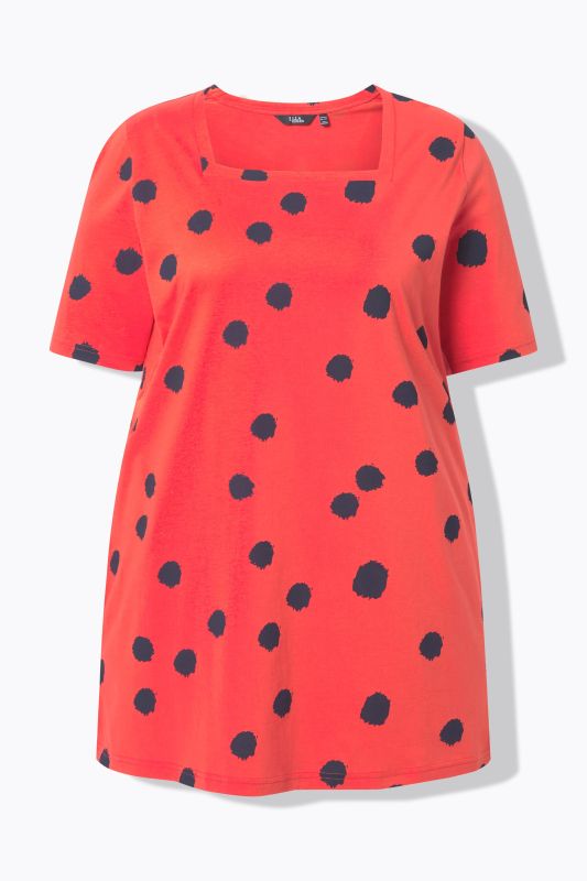 T-shirt long motif à pois, décolleté carré et manches 3/4, coupe évasée