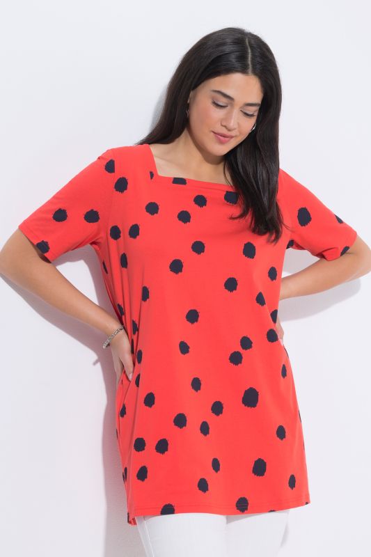 T-shirt long motif à pois, décolleté carré et manches 3/4, coupe évasée