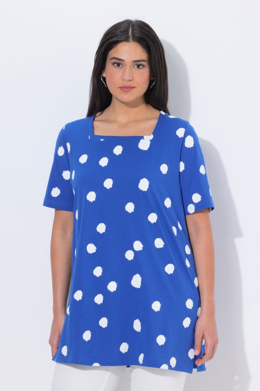 T-shirt long motif à pois, décolleté carré et manches 3/4, coupe évasée