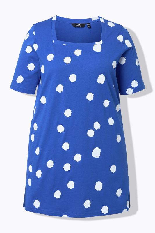 T-shirt long motif à pois, décolleté carré et manches 3/4, coupe évasée