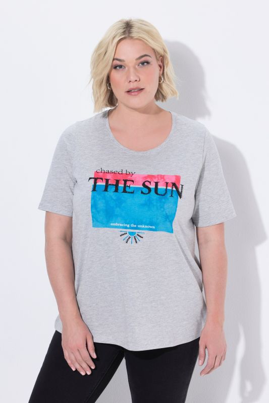 T-shirt col rond et manches courtes, imprimé avec perles