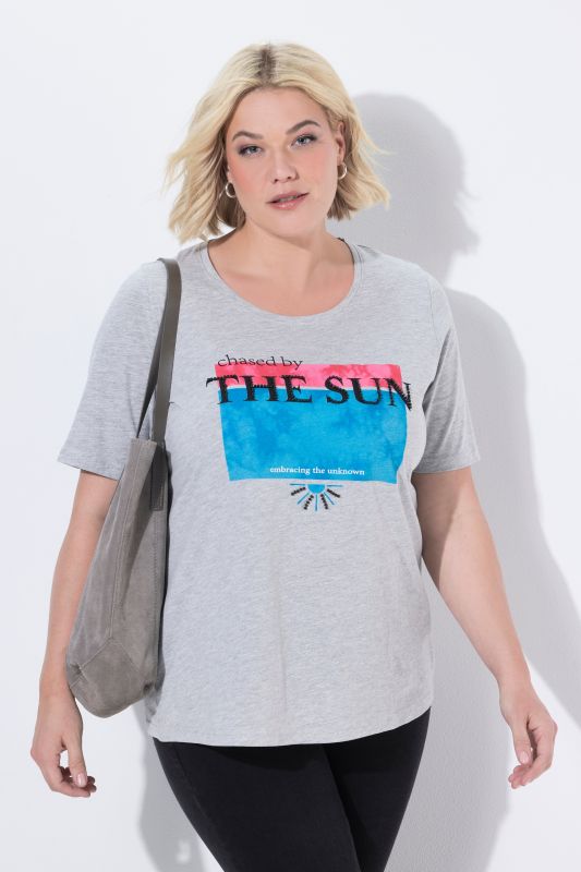 T-shirt col rond et manches courtes, imprimé avec perles