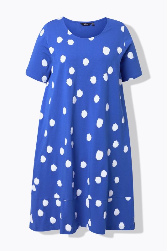 Robe midi à pois, décolleté rond et manches courtes, coupe évasée