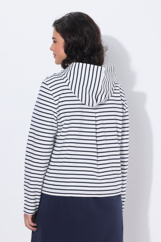 Veste en molleton rayé, capuche et cordon sous tunnel à la base