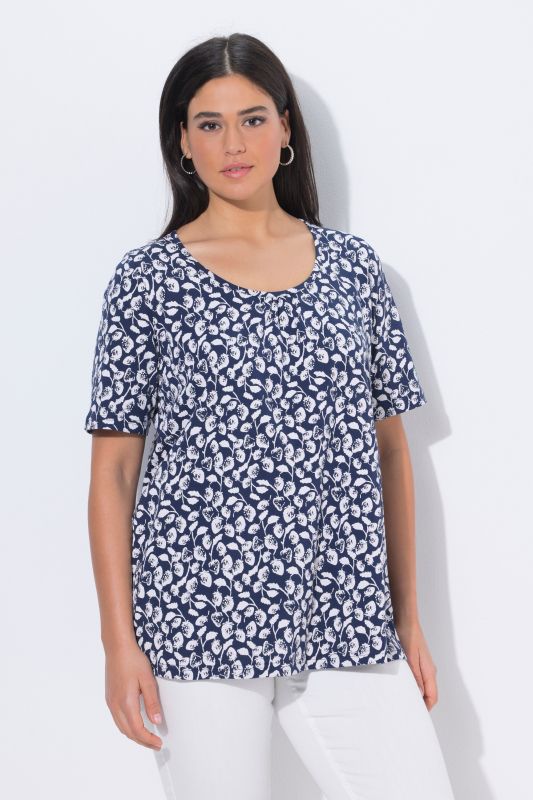 T-Shirt coupe évasée, plis fantaisie et motif fraises, col rond, manches courtes