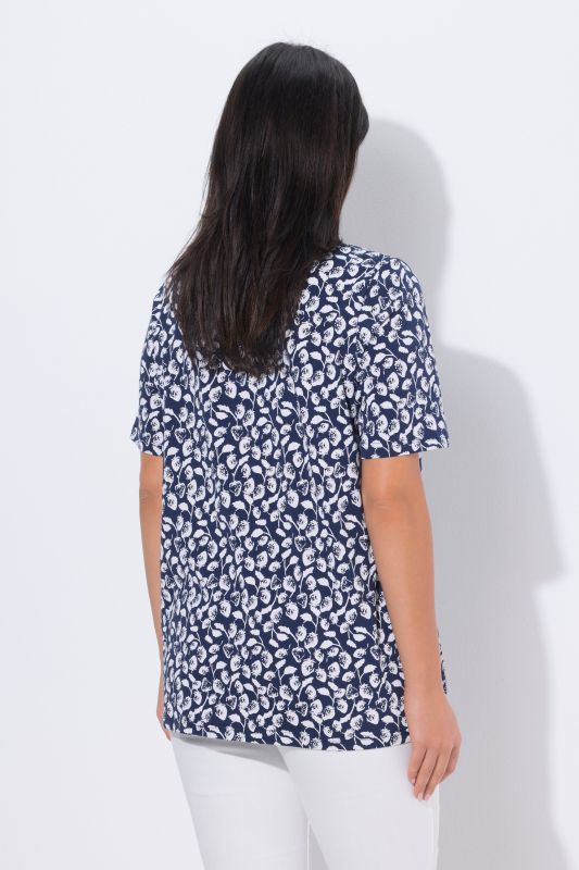 T-Shirt coupe évasée, plis fantaisie et motif fraises, col rond, manches courtes