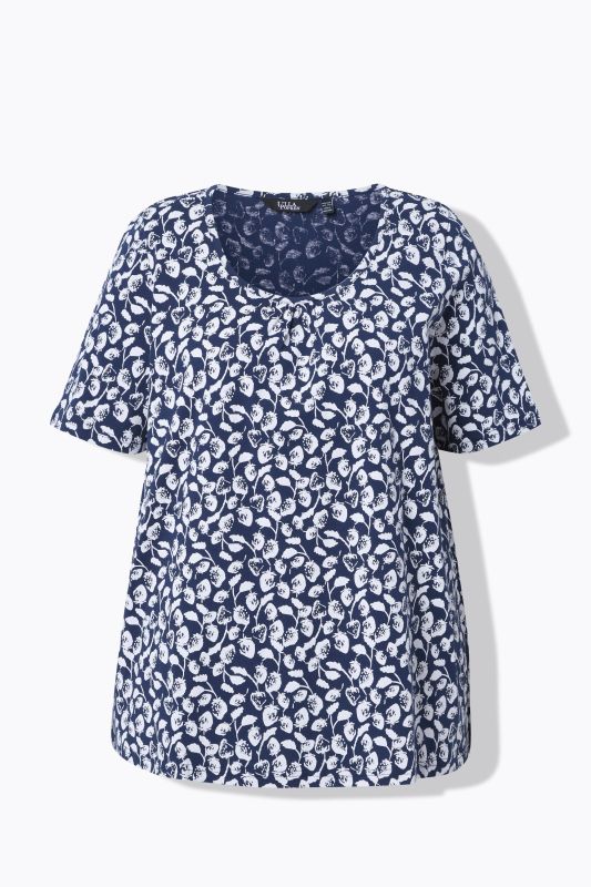 T-Shirt coupe évasée, plis fantaisie et motif fraises, col rond, manches courtes