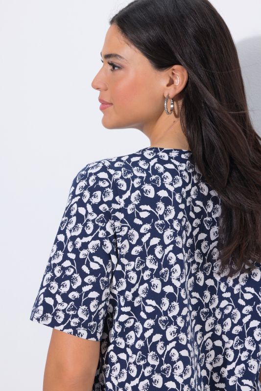 T-Shirt coupe évasée, plis fantaisie et motif fraises, col rond, manches courtes