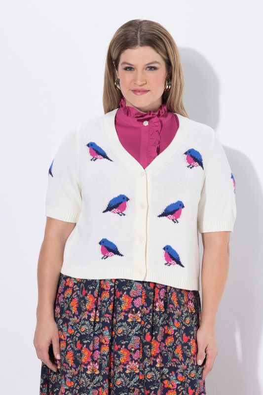 Cardigan motif oiseaux, encolure en V et manches courtes