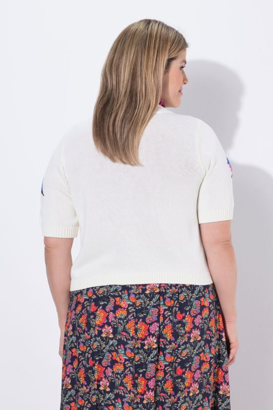 Cardigan motif oiseaux, encolure en V et manches courtes