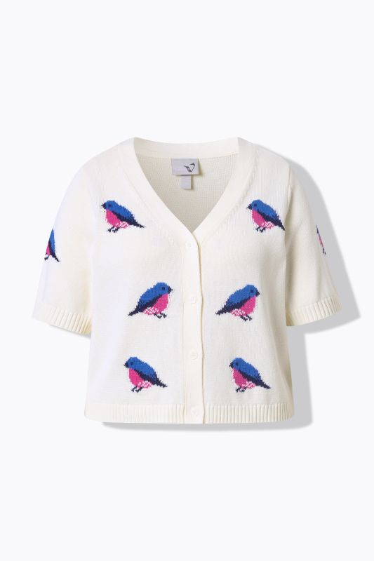 Cardigan motif oiseaux, encolure en V et manches courtes