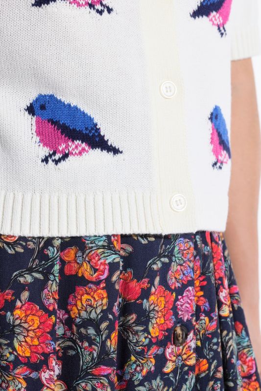 Cardigan motif oiseaux, encolure en V et manches courtes