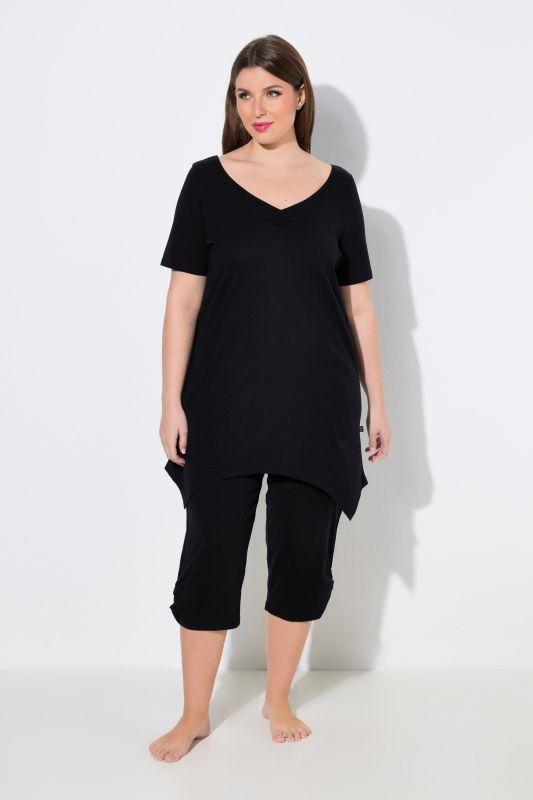 Pyjama 2&nbsp;pièces, pantalon + T-Shirt col en V, base en pointe et manches courtes