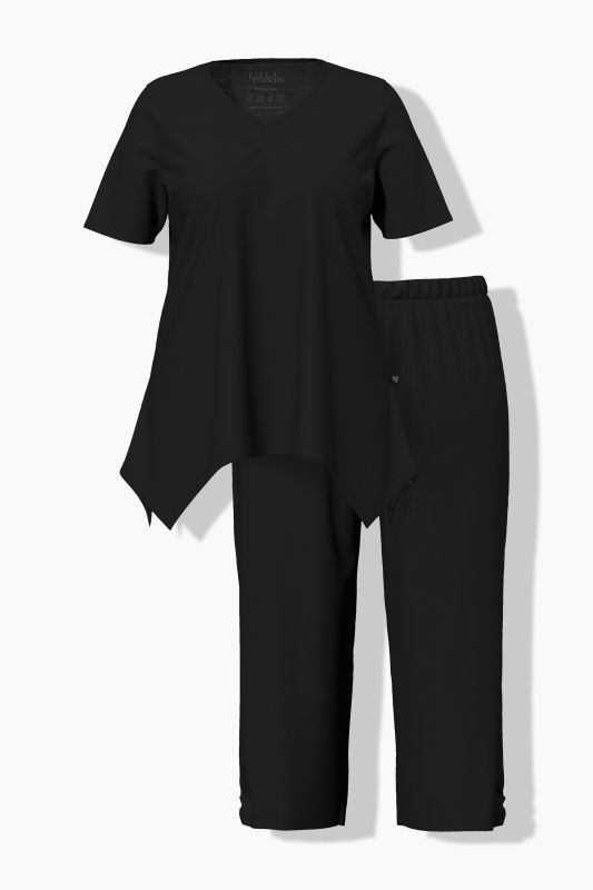 Pyjama 2&nbsp;pièces, pantalon + T-Shirt col en V, base en pointe et manches courtes