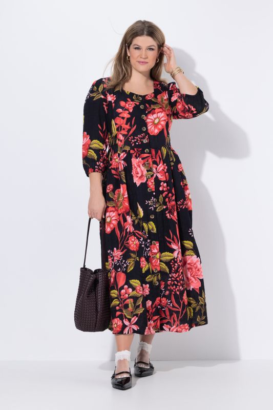 Blouse en mousseline imprimé floral, décolleté rond et manches&nbsp;3/4