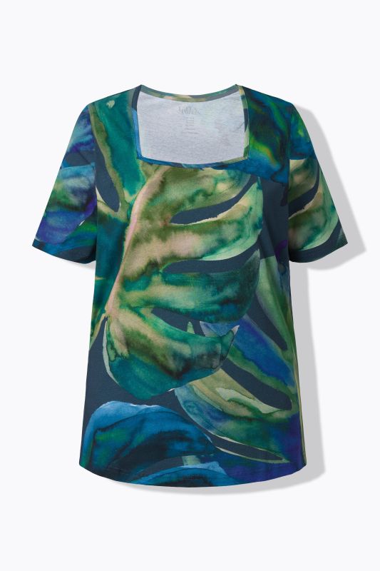 T-shirt long motif feuilles, décolleté carré et manches courtes, coupe évasée