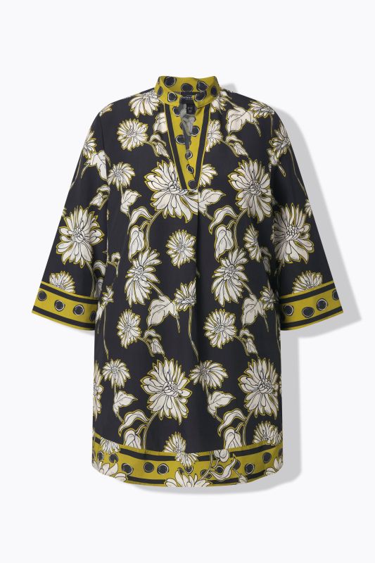 Tunique en satin motif floral, col montant et manches&nbsp;3/4, coupe évasée