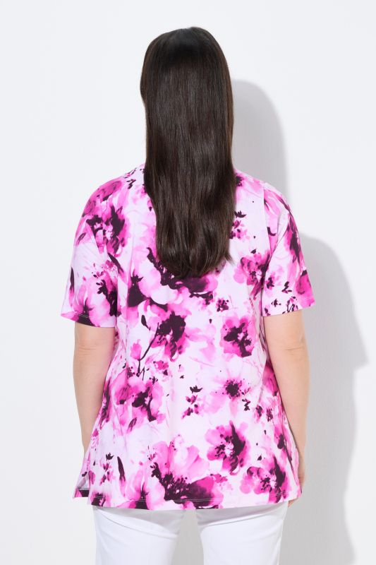 T-shirt en coton Pima, motif à fleurs, col rond et manches courtes