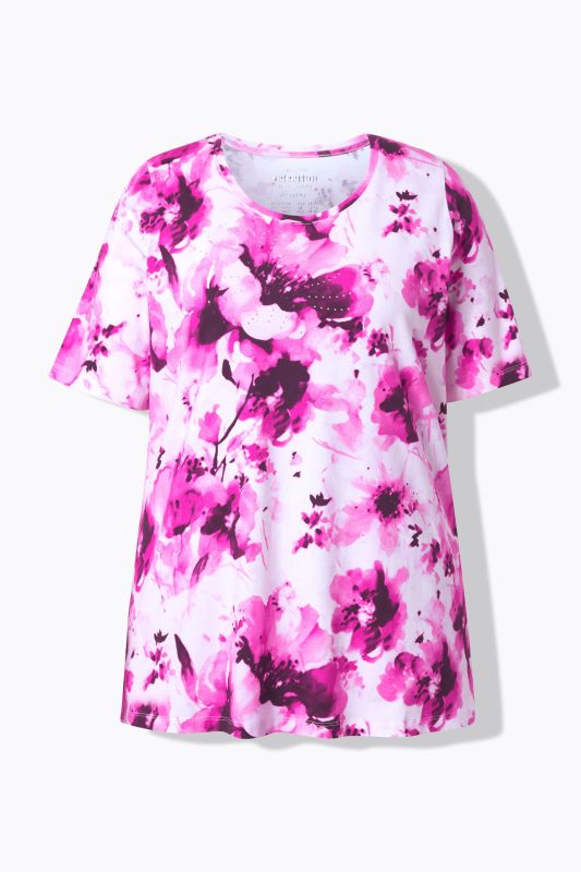 T-shirt en coton Pima, motif à fleurs, col rond et manches courtes