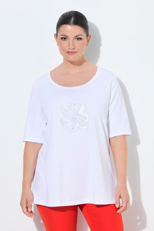 T-shirt en coton Pima, broderie avec petits strass, col rond et manches courtes