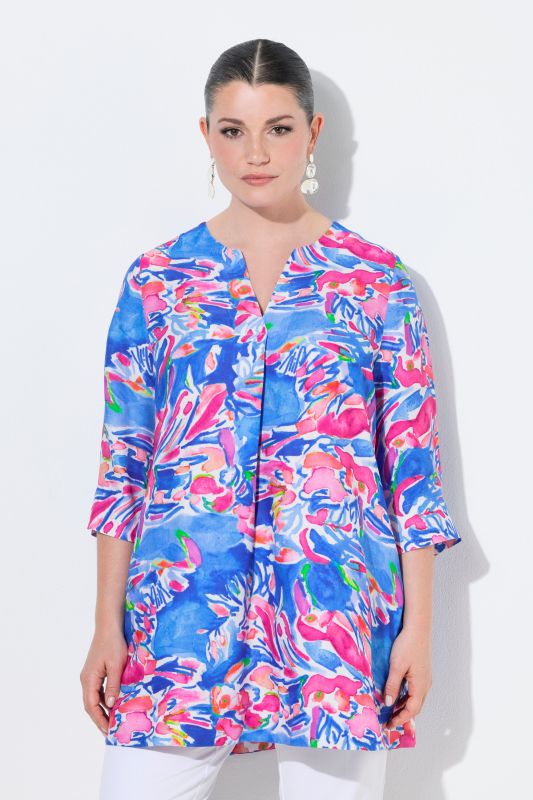 Blouse coupe évasée, col tunisien et manches&nbsp;3/4