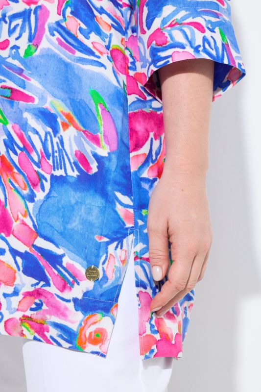 Blouse coupe évasée, col tunisien et manches&nbsp;3/4