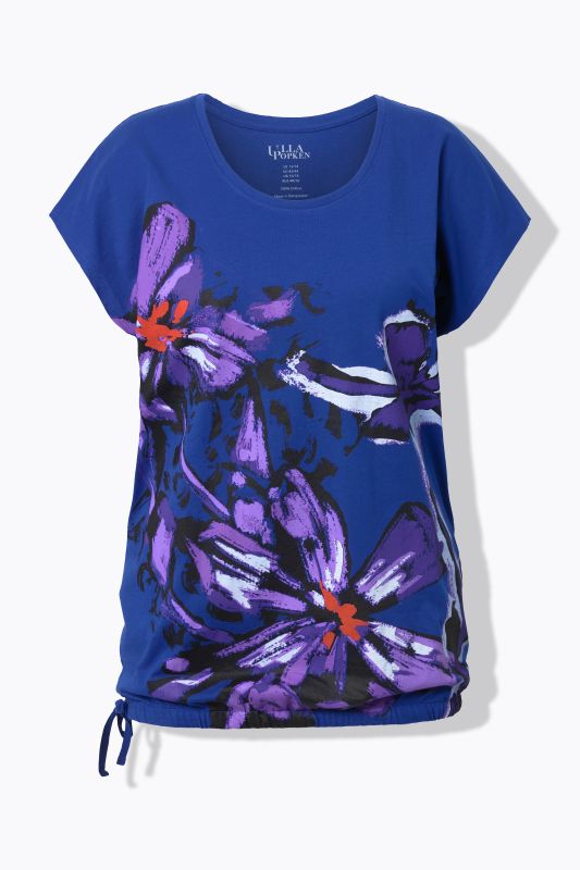 T-shirt oversize, imprimé à fleurs, petit cordon à nouer à la base, décolleté rond et manches courtes