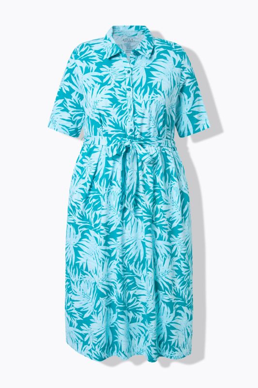 Robe midi motif feuilles, manches courtes et col chemise, coupe évasée