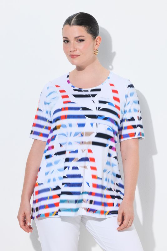 T-shirt en coton Pima, motif fleurs/rayures, col rond et manches courtes