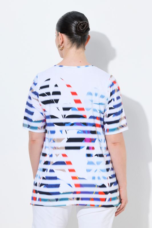 T-shirt en coton Pima, motif fleurs/rayures, col rond et manches courtes