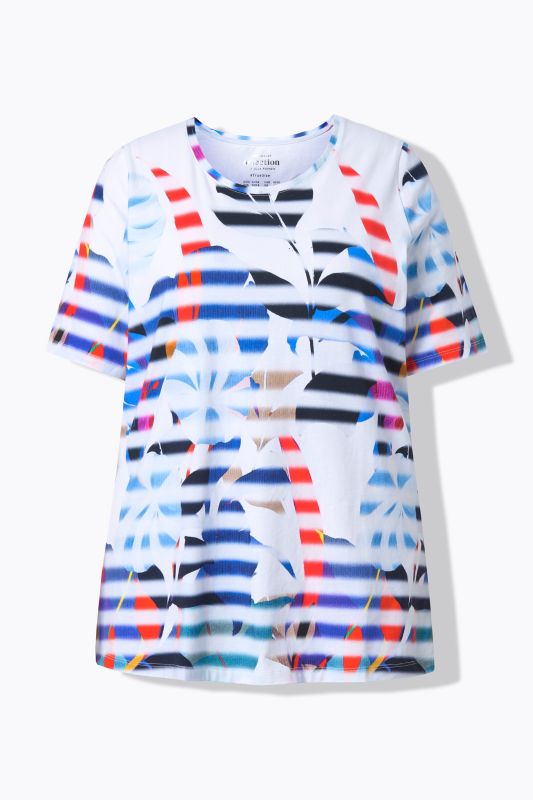 T-shirt en coton Pima, motif fleurs/rayures, col rond et manches courtes