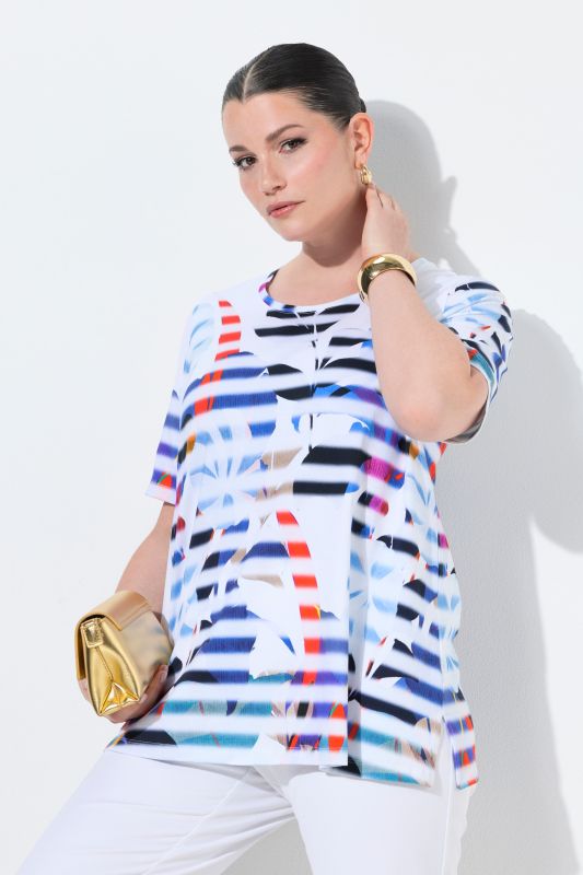 T-shirt en coton Pima, motif fleurs/rayures, col rond et manches courtes