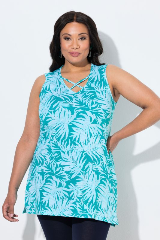 Débardeur long sans manches, motif feuilles et rubans fantaisie, décolleté en V