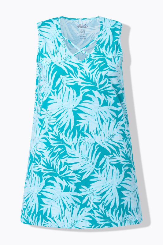 Débardeur long sans manches, motif feuilles et rubans fantaisie, décolleté en V