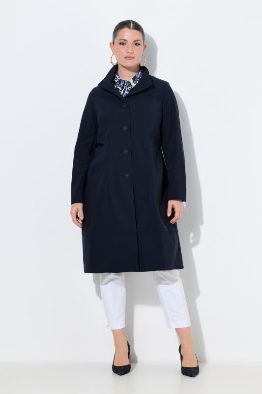 Manteau en tissu bengaline extensible, coupe évasée, col montant et manches longues