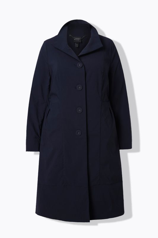 Manteau en tissu bengaline extensible, coupe évasée, col montant et manches longues