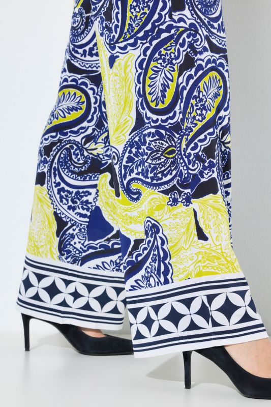 Pantalon au tombé fluide, motif cachemire, jambe large et taille élastique