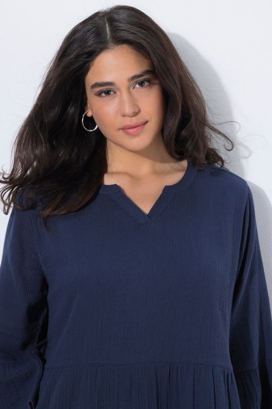 Robe en mousseline, col tunisien et manches&nbsp;3/4, coupe évasée