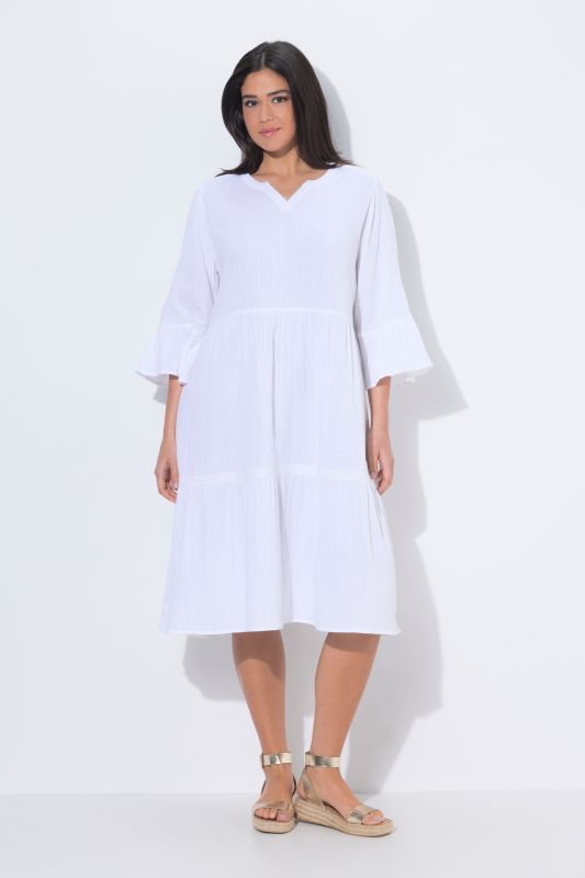 Robe en mousseline, col tunisien et manches&nbsp;3/4, coupe évasée