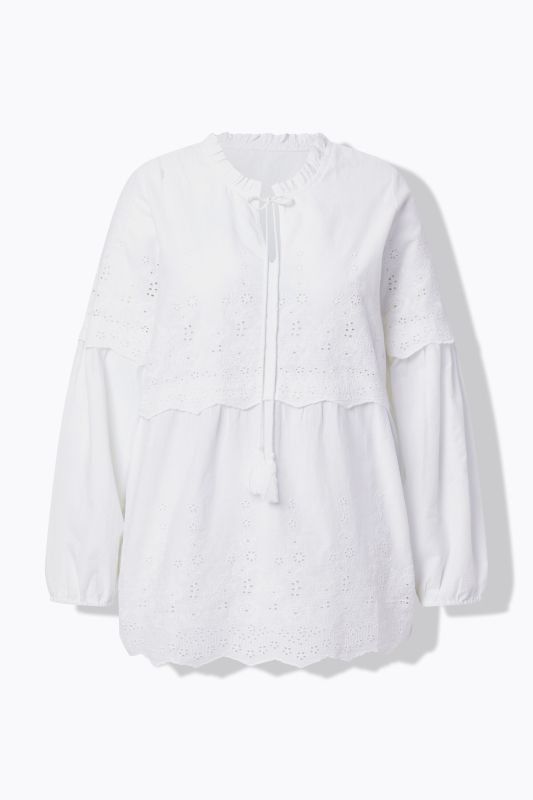 Blouse esprit bohème avec ruchés/dentelle, col montant et manches longues