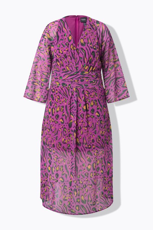 Robe en jersey, motif léopard, décolleté en V et manches longues trompette