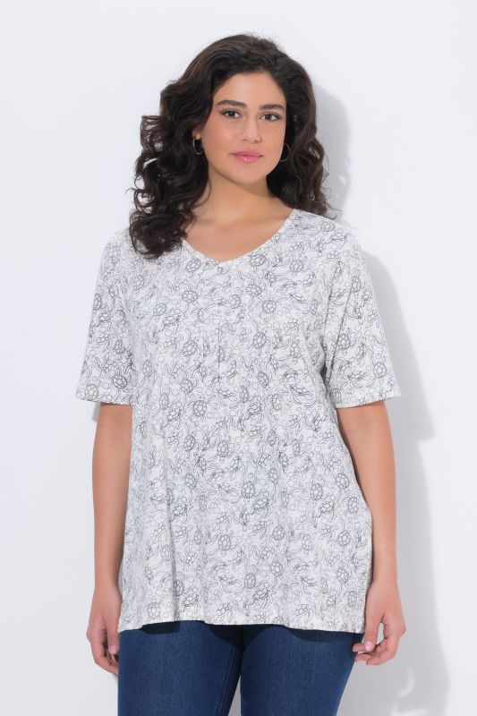 T-shirt à coupe évasée, motif tortues, décolleté en V et manches courtes