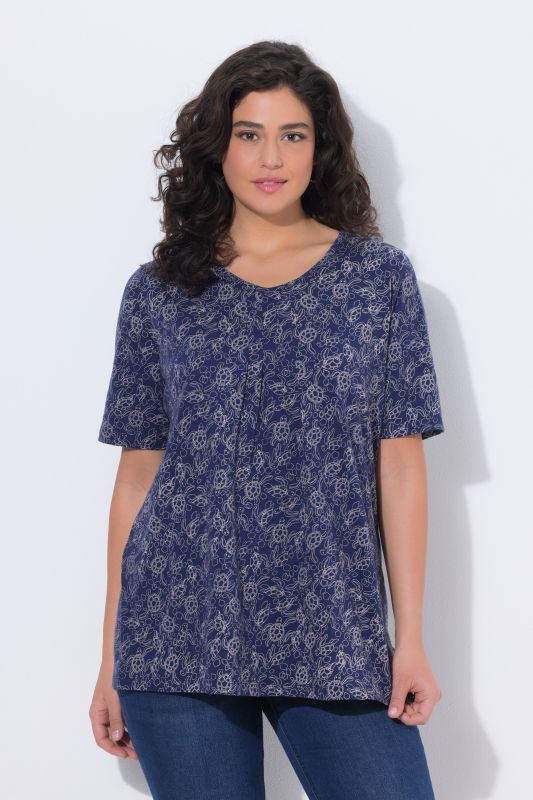 T-shirt à coupe évasée, motif tortues, décolleté en V et manches courtes