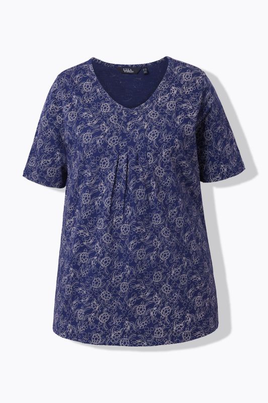 T-shirt à coupe évasée, motif tortues, décolleté en V et manches courtes