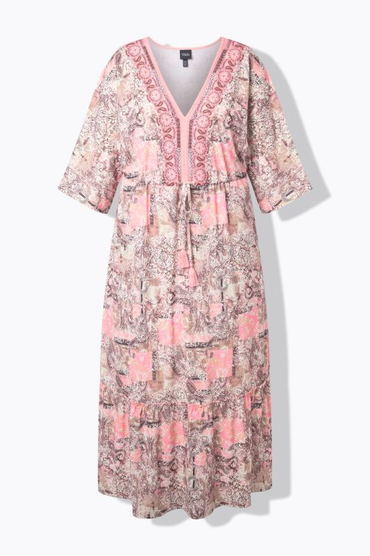 Robe maxi avec volant, coupe évasée, décolleté en V et manches&nbsp;3/4