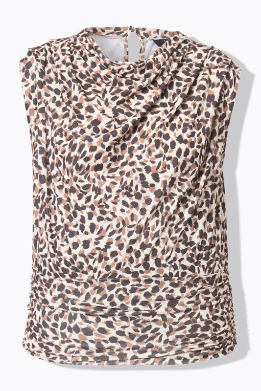 Haut motif léopard, col bénitier montant très haut, modèle sans manches