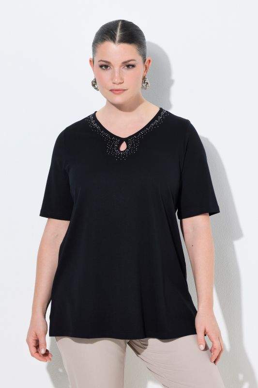 T-shirt en coton Pima, petits strass fantaisie, décolleté en V et manches courtes