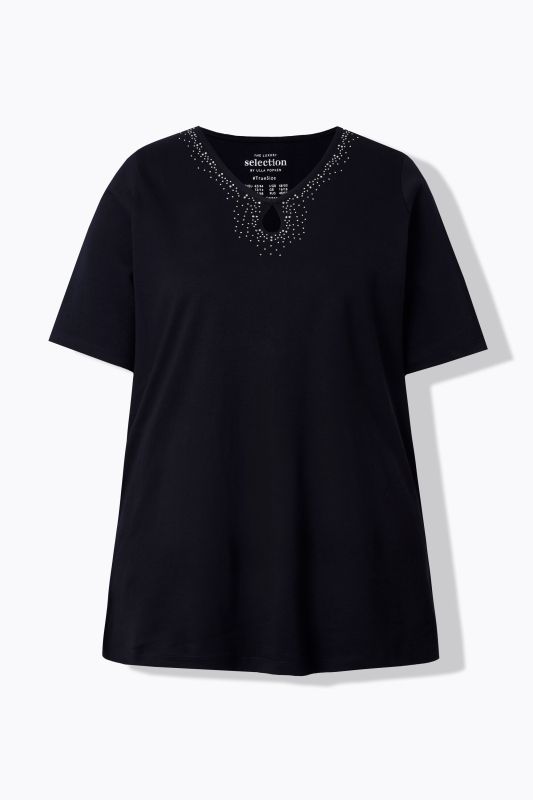 T-shirt en coton Pima, petits strass fantaisie, décolleté en V et manches courtes