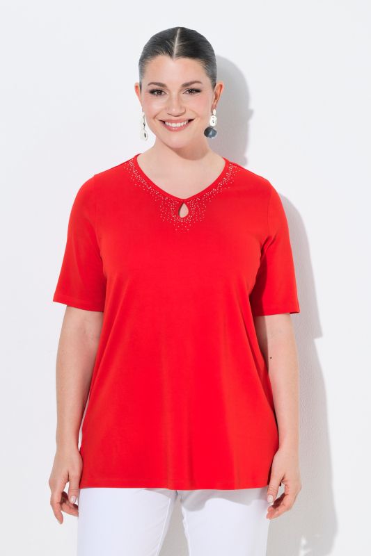 T-shirt en coton Pima, petits strass fantaisie, décolleté en V et manches courtes